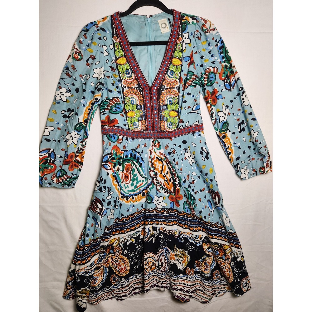 Akemi + Kin Anthropologie Beaded Paisley Mini Dress Blue Multi Womens 4 Boho